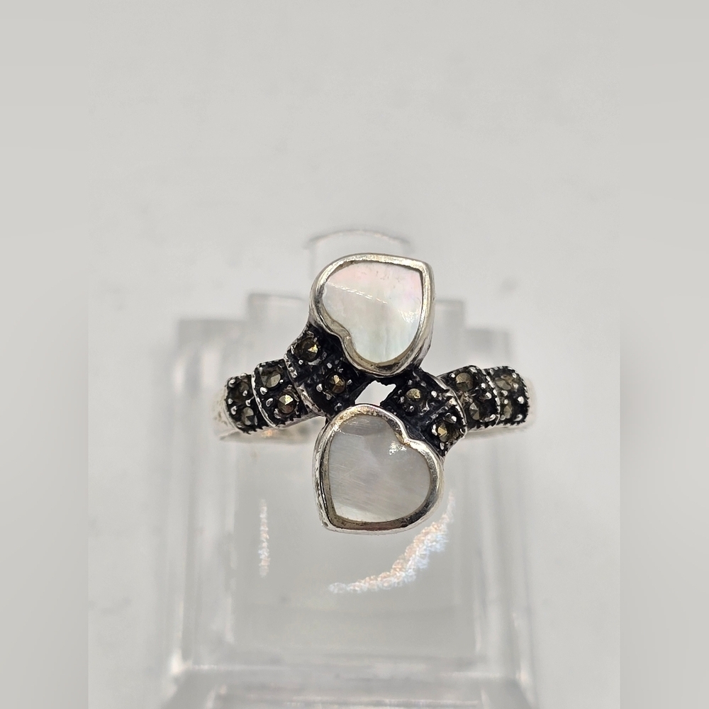 925 Sterling Silver Marcasite Onyx or Mother of Pearl Band Ring SIZE 8